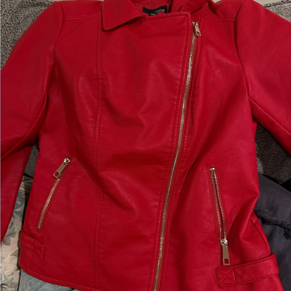 A.N.A. Red Asymmetrical Zip Faux by Leather Jacket -